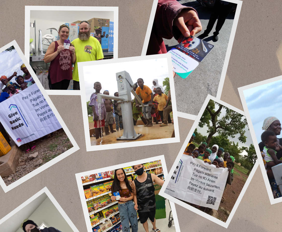 a collage of different giving events done by Give Basic Needs including boreholes, gift card distributions, and rental payments