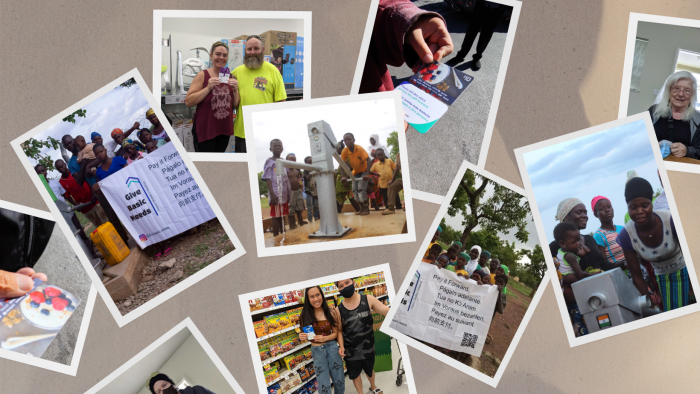 a collage of different giving events done by Give Basic Needs including boreholes, gift card distributions, and rental payments